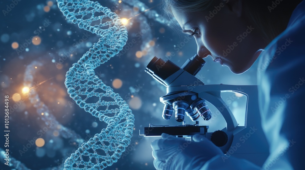Poster a focused female scientist examines a dna strand through a microscope in a futuristic lab setting.
