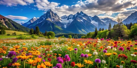 Scenic landscape with colorful flowers blooming in front of majestic mountains , nature, scenery, landscape, flowers