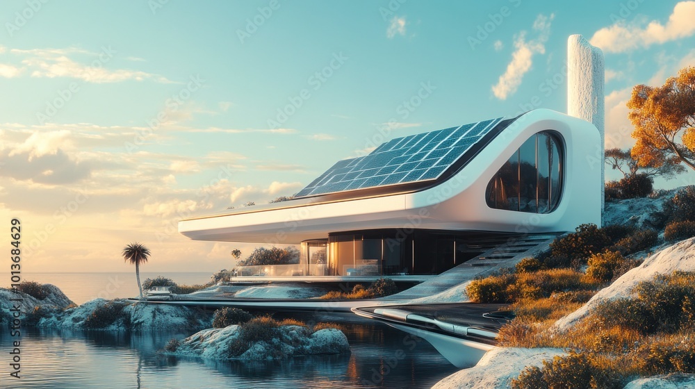 Poster Futuristic Modern House With Solar Panels On A Cliff Overlooking The Ocean