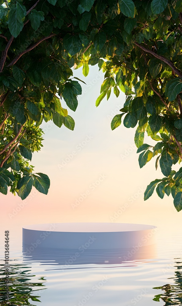 Poster 2. a serene mockup of a product display stage with a simple blank podium, framed by vibrant nature e