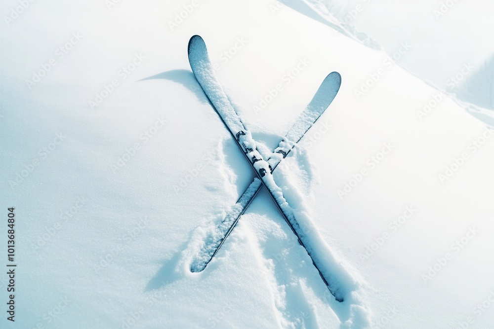 Poster two skis are positioned in an 'x' shape on untouched snow, capturing the essence of winter adventure