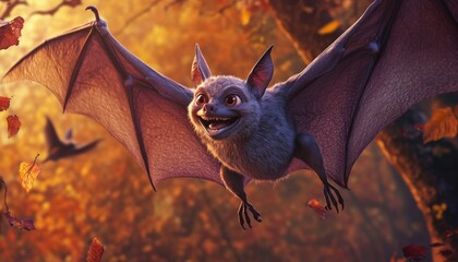Obraz premium Cartoon Bats Flying in a Sunset Sky