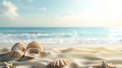 A tranquil beach scene with seashells scattered on golden sand, capturing the essence of a serene summer day.