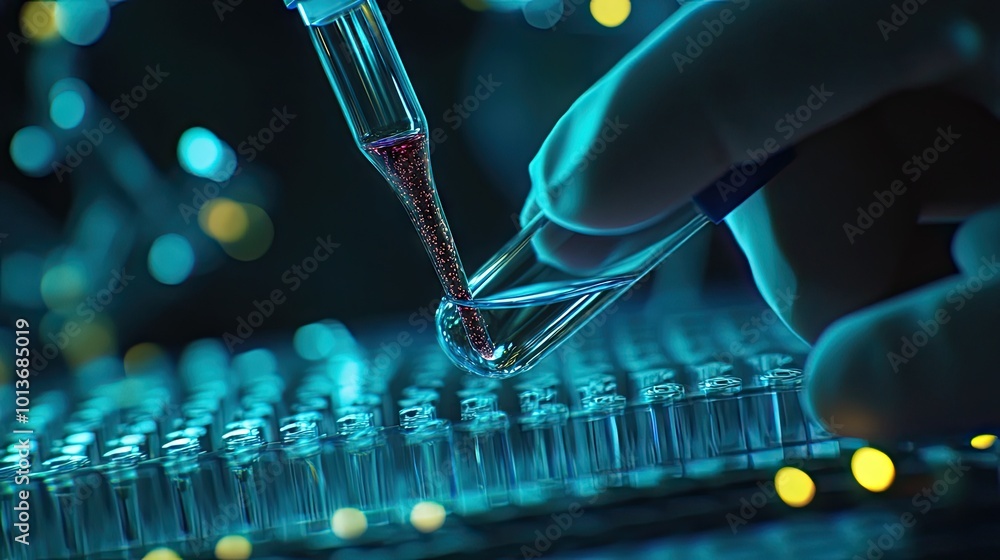 Poster a close-up of a hand conducting an experiment with a pipette, focusing on vibrant liquid in a test t