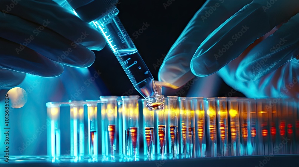 Poster close-up of a scientific experiment with a scientist's hands in gloves measuring liquid into test tu