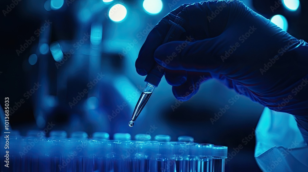 Poster a close-up of a scientist's gloved hand with a pipette, preparing to drop a liquid into test tubes i