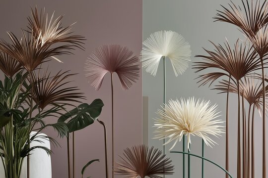 Elegant Illuminated Silhouettes of Stylish Plants in Bronze Mauve Jade and Ivory for Modern Home Decor