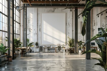 Industrial office mockup with empty white frame on concrete floor, surrounded by desks, green plants, and modern interior design elements.