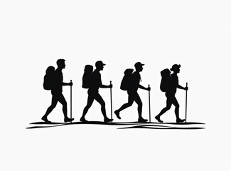 Silhouette hiking peoples walking group illustration vector white background 