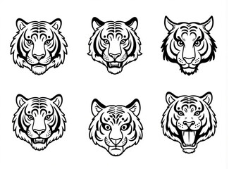 Set of tiger head silhouette different poses illustration vector white background 