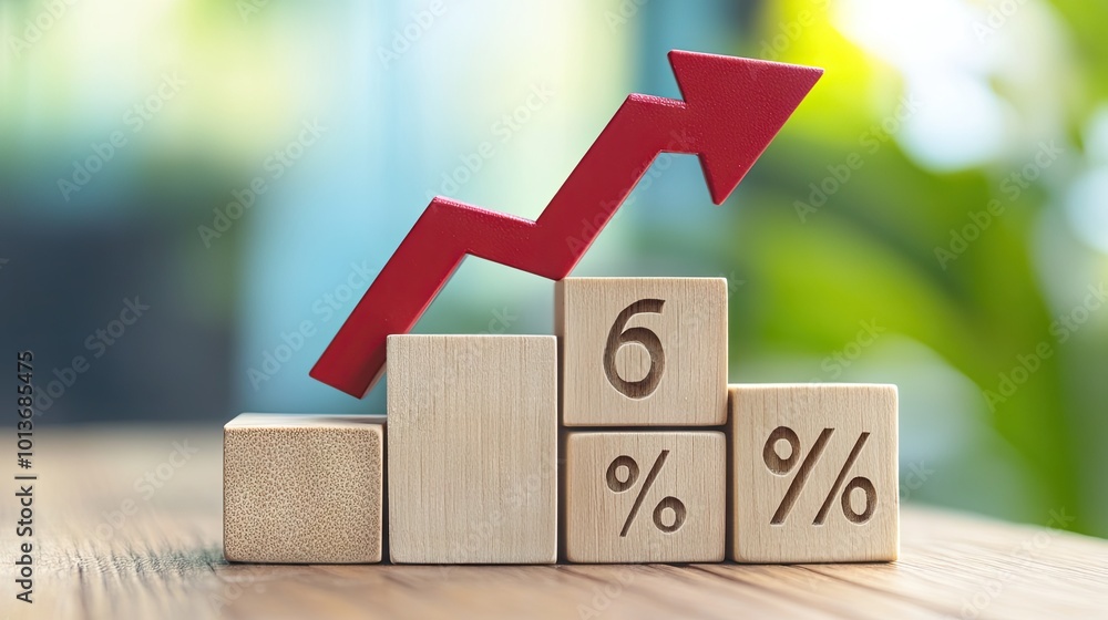 Poster an upward trend symbolized by wooden blocks showing progress percentage with a red arrow indicating 