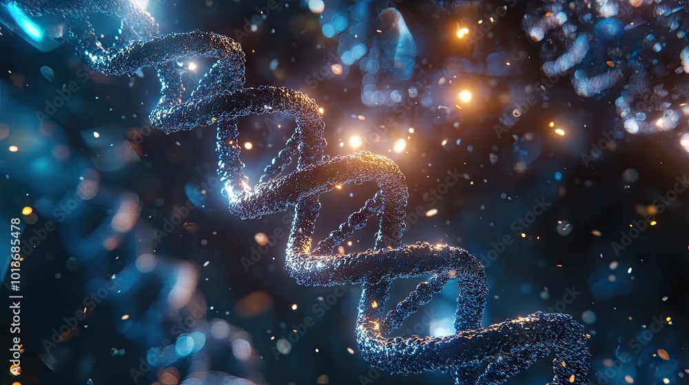 Poster a futuristic 3d rendering of a dna helix illuminated by cascading lights, showcasing its intricate s