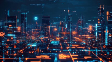 Obraz premium Futuristic cityscape illuminated with vibrant blue and orange digital data streams.