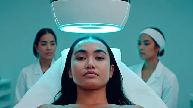 Young woman receiving advanced beauty therapy with high-tech machin with skincare specialists in background. Innovative beauty therapy session with facial technology in a high-end wellness clinic.