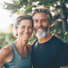 Obraz premium A mature couple smiles warmly at the camera, exuding love and contentment amidst a lush, green backdrop, embodying enduring partnership.