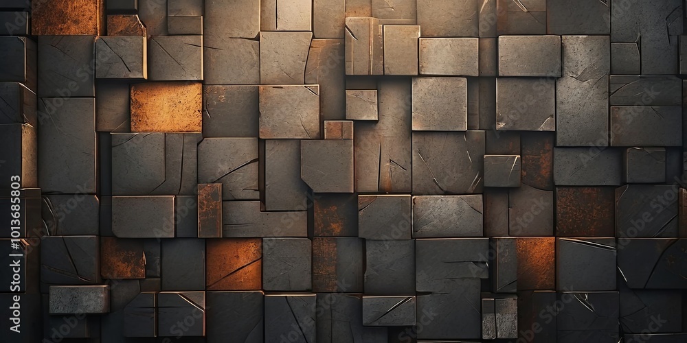 Poster a wall made of blocks with a few orange squares in the middle