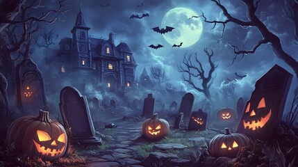 Haunted House Under Full Moon with Jack-O'-Lanterns and Bats