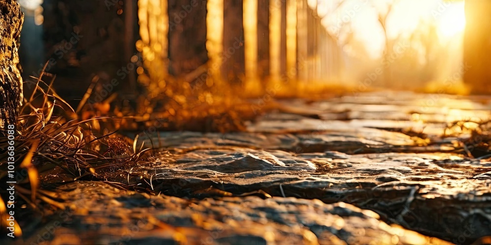 Poster A path with a stone walkway and a few trees in the background