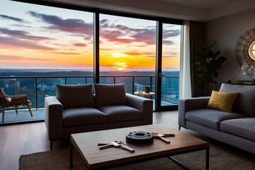 Dream Keys on Coffee Table in Stylish Apartment with Breathtaking Sunset and Panoramic Windows