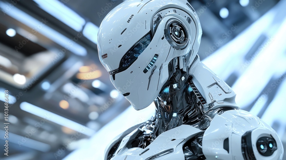 Poster a futuristic humanoid robot stands with an expressive design, showcasing advanced technology and sle