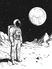 Obraz premium Lone Astronaut Gazing at Planet in Space on Alien Landscape - Sci-Fi Ink Illustration