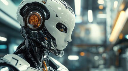 Fototapeta premium A futuristic humanoid robot with sleek design, featuring a glossy white exterior and intricate circuitry, set in a modern tech environment.