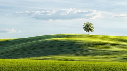 Obraz premium Lush green rolling meadow with a lone tree silhouetted against a cloudy sky in a peaceful pastoral Tuscan landscape The serene minimalist scene evokes a sense of tranquility and contemplation
