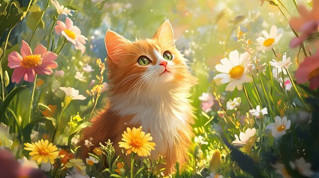 A fluffy orange cat gazes playfully among vibrant flowers, basking in a sunlit garden, creating a serene and joyful scene. - Powered by Adobe