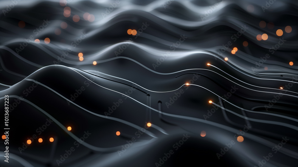 Poster abstract technology background with glowing circuit lines on smooth black folds, digital backdrop cy