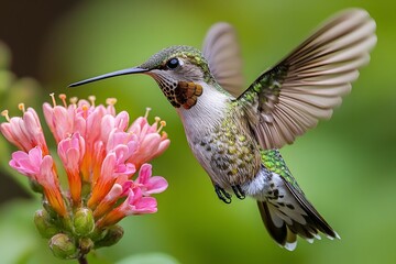 A vibrant hummingbird hovers gracefully near pink flowers, showcasing its iridescent plumage against a lush green backdrop.