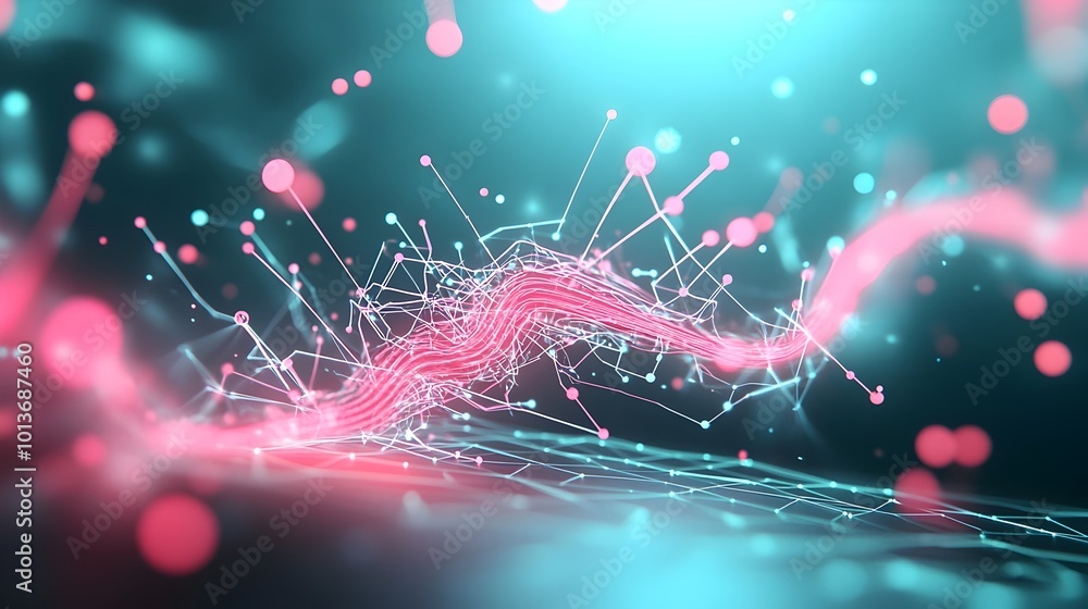 Poster abstract digital data background with connecting lines and geometric shapes glowing neon lines pulsa