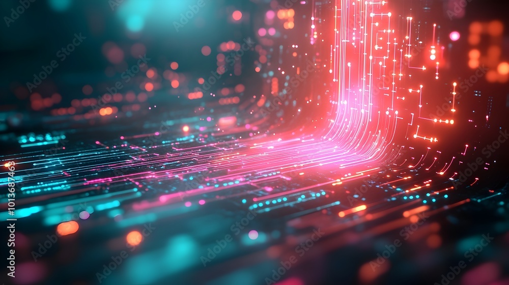 Poster vibrant futuristic abstract digital data background with glowing neon lines pulsating energy and geo