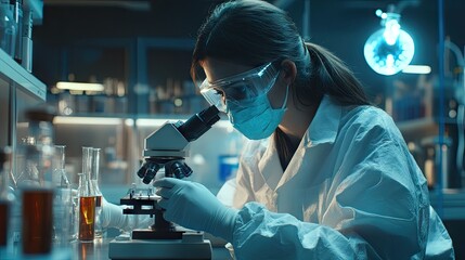Female scientist in a lab coat and safety gear, focused on her microscope amid chemical glassware.