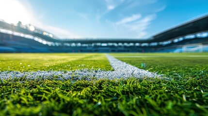 Closeup low angle of empty soccer sport grass field ground with white lines and stadium arena stands under the sunset sky