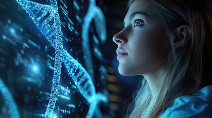 A young Caucasian woman gazes at a glowing DNA double helix, symbolizing scientific exploration and the future of genetics.