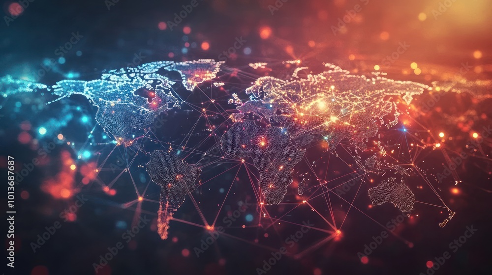 Poster a digital representation of a global network with interconnected nodes and continents.