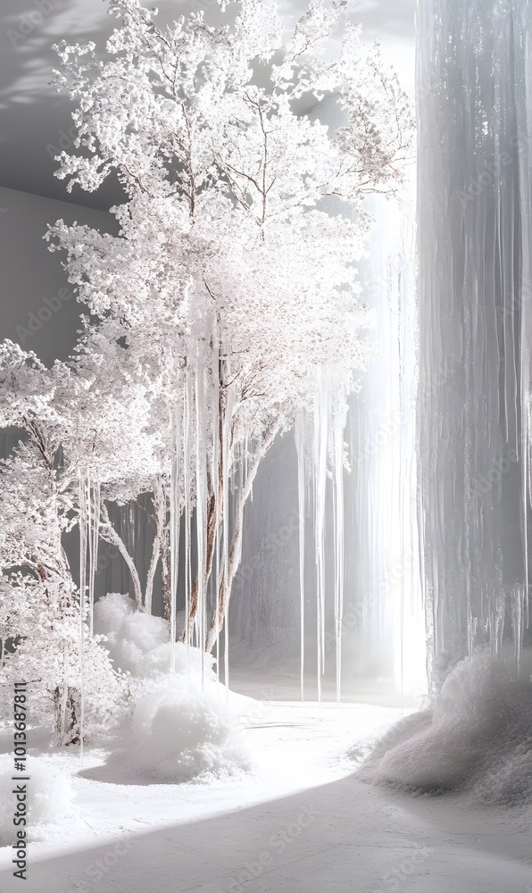 Poster made of ice, surrounded by a delicate winter atmosphere, featuring shimmering textures and soft shad