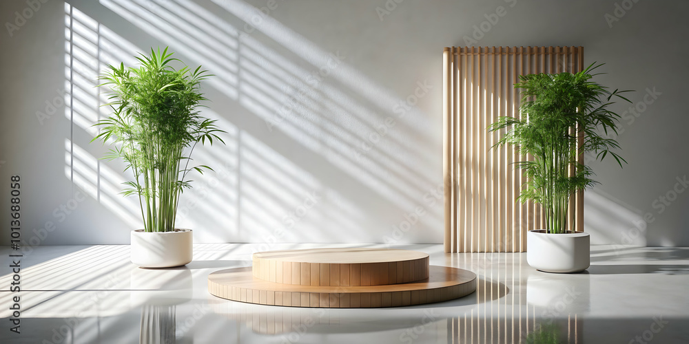 Poster sunlit minimalist product display: bamboo podium with greenery