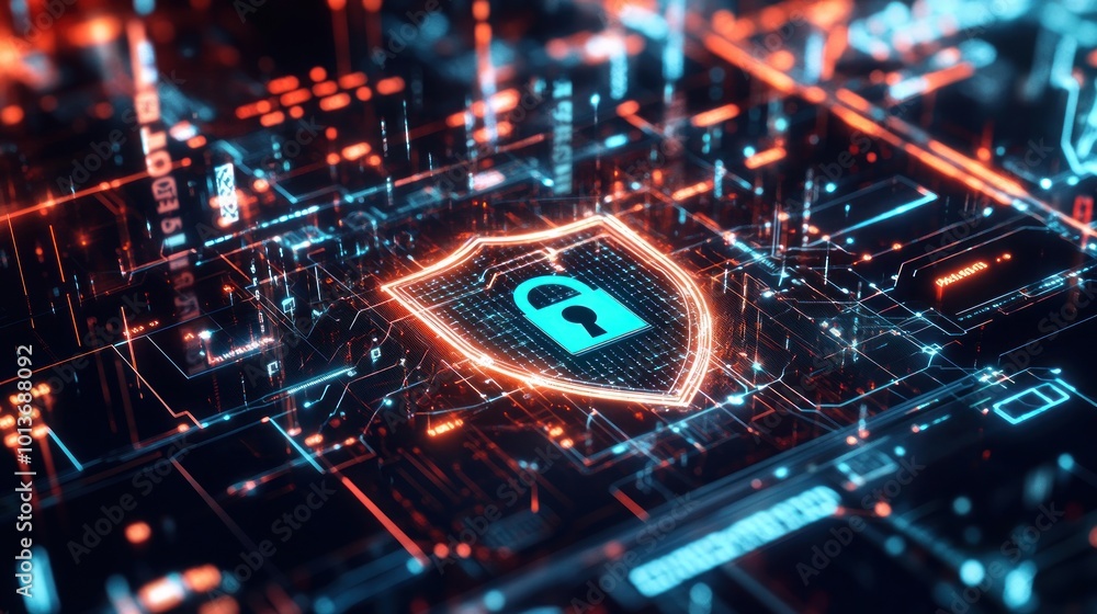 Aufkleber digital shield symbolizing cybersecurity amid a network of data connections.