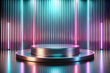 Neon Glow Podium: A futuristic, vibrant backdrop with neon blue and pink lights illuminating a metallic podium, ready to showcase your product or brand.