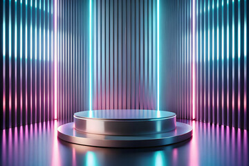 Neon Glow Podium: A futuristic, vibrant scene with a circular podium bathed in neon lights.