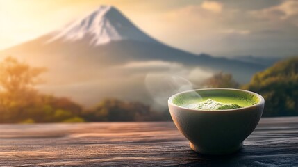 Serene scene of a hot freshly brewed cup of traditional Japanese matcha green tea on a wooden table with the iconic silhouette of the snow capped Mount Fuji visible in the misty