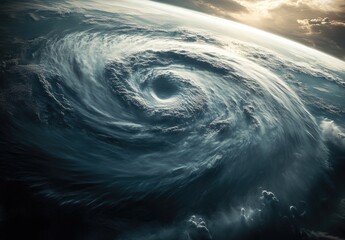 Aerial view of a swirling hurricane over the ocean, showcasing powerful weather patterns.