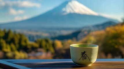 Serene Matcha Green Tea with Majestic Mount Fuji in Autumn Landscape  Traditional Japanese tea cup set against the breathtaking backdrop of the iconic Mount Fuji