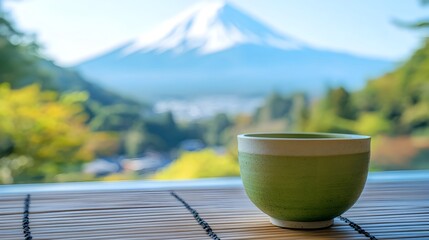 A steaming hot cup of matcha green tea in a traditional Japanese ceramic bowl set against the stunning backdrop of the iconic Mount Fuji volcano partially obscured by a misty atmospheric haze