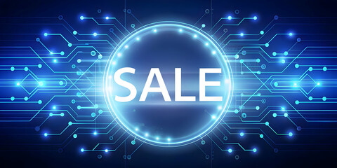 Flat Glowing Cyber Monday Sale Icon Surrounded by Abstract Tech Elements - Digital Art Focused on Innovative Deals