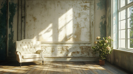 A white armchair sits in a sun-drenched room with peeling paint and a potted plant near the window.