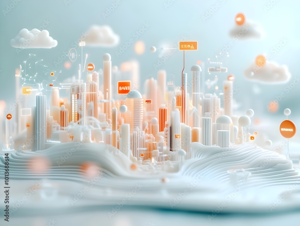 Fototapete intricate digital environment with overlapping transparent planes and undulating data visualizations
