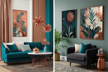 Stunning Botanical Wall Art for Home Decor Featuring Vibrant Copper Teal Cream and Charcoal Colors