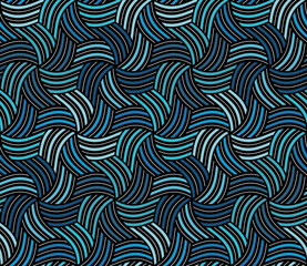 Fototapeta premium Blue and black seamless abstract geometric pattern with an intricate design of curved lines in the shapes of vortexes, swirls, and whirls. Modern ethnic style. 